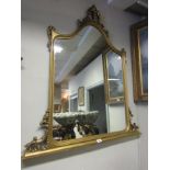 Gilded Over Mantle Mirror of Ascending Form with Carved Upper Decoration 46 Inches Wide x 53