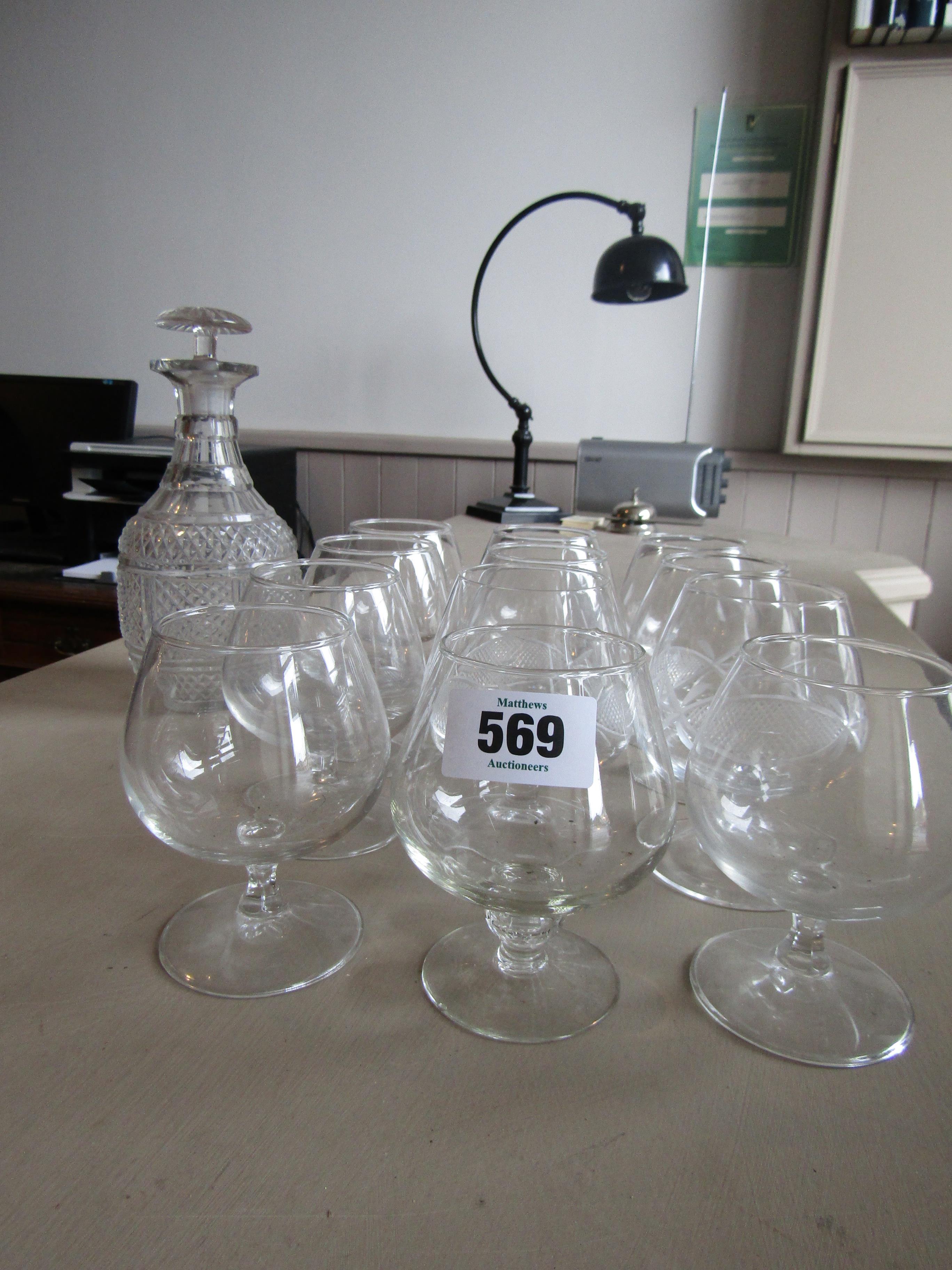 Antique Crystal Decanter and Twelve Brandy Balloon Glasses