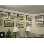 Set of Nine French Hunting Lithographs in Ebony Frames Each 14 Inches High x 21 Inches Wide