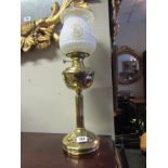 Antique Oil Lamp on Corinthian Column Base with Floral Motif embossed Well and with Frosted Shade 26