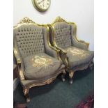 Pair of Gilded Armchairs with Needlepoint Decoration and Deep Button Backs Each 30 Inches Wide x
