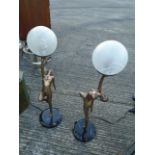 Pair of Art Deco Design Figural Lamps with Globe Shades Each 16 Inches High Approximately