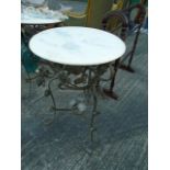 Wrought Iron Marble Top Garden or Conservatory Table 22 Inches Diameter Approximately