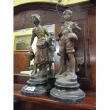 Antique Pair of Bronzed Spelter Figures Fisher Boy and Harvest Maiden Both on Turned Bases Each 18