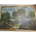 Woodland Scene with Figures Gilt Framed Oil on Canvas Approximately 28 Inches High x 36 Inches Wide