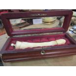 Antique Carved Ivory Ladies Companion in Scarlet Lined Leather Upholstered Carry Box with Inset