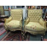 Pair of Well Carved Giltwood Armchairs Silk Upholstered with Deep Button Upholstered Backs