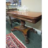 William IV Mahogany Fold Over Table on Ornately Carved Support with Paw Motifs 45 Inches Wide x 30