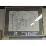 Framed Interior Scene Pen and Ink Signed and Inscribed 16 Inches High x 21 Inches Wide