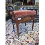 Edwardian Rosewood Piano Stool with Marquetry Decoration and Scroll Extremities on Tapered Supports