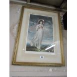 Antique Gilt Framed Coloured Engraving of Young Regency Lady Signed by Engraver 24 Inches High x