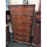 Antique Mahogany Bow Front Tall Chest of Six Drawers with Bracket Supports and Ring Handles