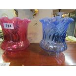 Two Coloured Glass Oil Lamp Shades with Scalloped Rims