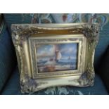 Gilt Framed Oil Painting Marine Scene 5 Inches High x 7 Inches Wide Approximately