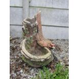 Composite Stone Bird Bath with Pheasant Motif and Naturalistic Base 22 Inches High Approximately
