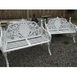 Pair of Cast Iron Garden Benches with Oval Centre Panel Back Decoration Each 50 Inches Wide