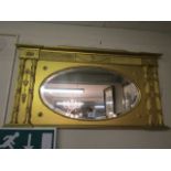 Antique Gilded Overmantle with Inset Oval Mirror Flanked by Pillarettes 25 Inches High x 46 Inches