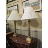 Antique Pair of Brass Corinthian Column Table Lamps with Stepped Plinth Base with Accompanying