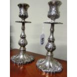 Antique Pair of Solid Silver Candle Sticks Chased Rococo Form Each 10 Inches High