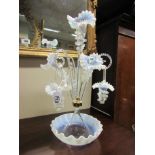 Coloured Vaseline Glass Epergne of Fluted Form with Swing Basket Decoration