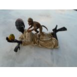 Austrian Figure Cold Painted Bronze Arab Man with Monkey 4 Inches Wide Approximately