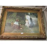 Gilt Framed Oil Painting Mother and Children in the Garden 24 Inches High x 42 Inches Wide