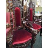 Imposing Pair of Well Carved Baronial Armchairs of Good Size Upholstered with Lion Head Motif
