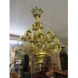 Imposing Cast Brass Ornate Chandelier with Upper Floral Motif Decoration 40 Inches Wide x 65