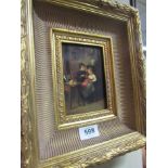 Mother with Child Interior Scene Oil on Board Gilt Framed 7 Inches High x 5 Inches Wide