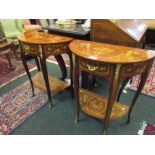 Pair of Marquetry Inlaid Demi Lune Side Tables on Slender Cabriole Supports