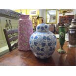Oriental Blue and White Ginger Jar with Lid with Pink Ground Vase 14 Inches High and Victorian