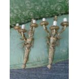 Pair of Large Ormolu Gilded Tri Branch Wall Sconces with Swag Motif Decoration Each 14 Inches High