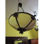 Art Deco Floral Motif Cast Brushed Bronze Chandelier with Stained Glass Inset Panels