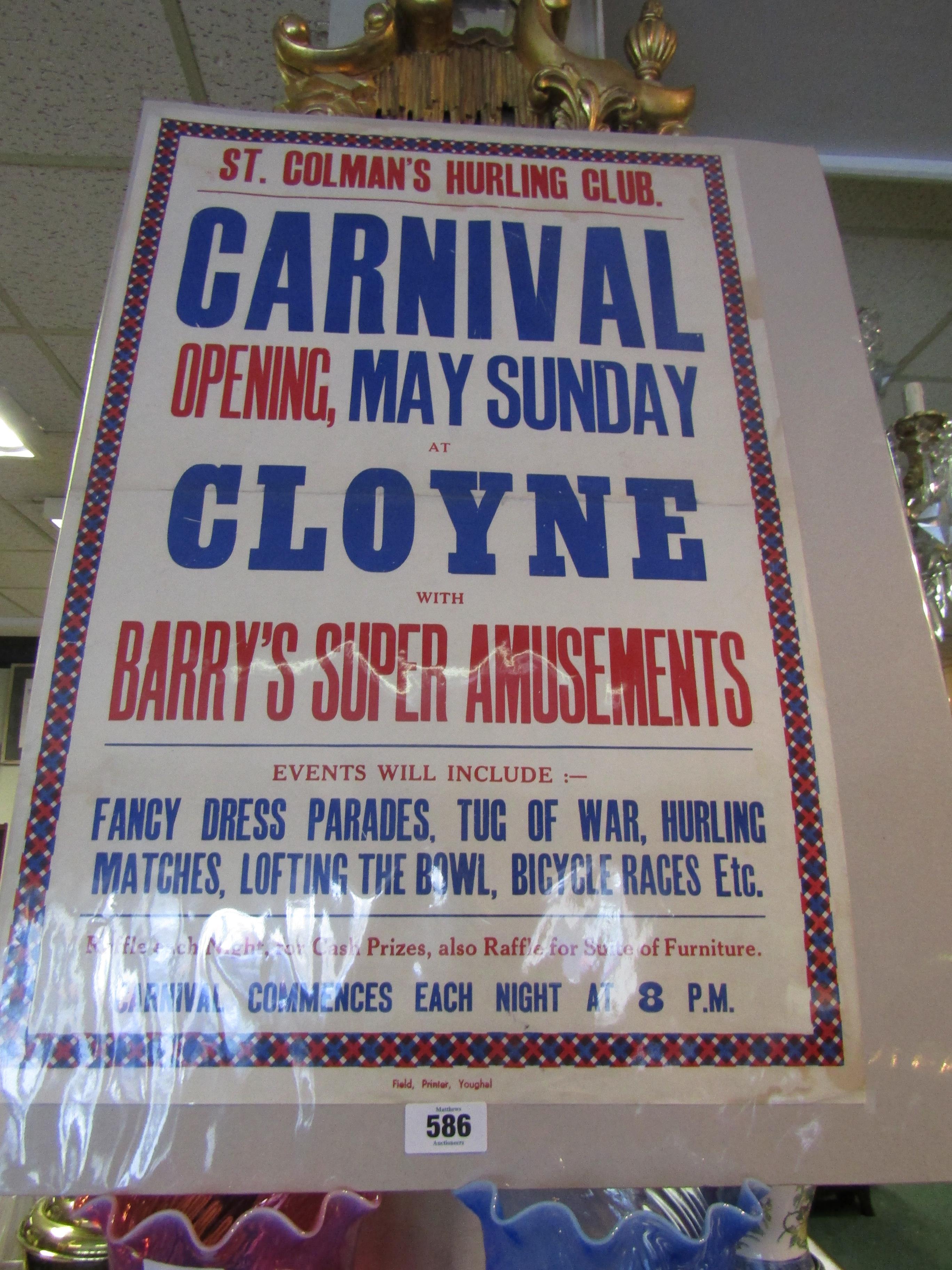 Vintage Carnival Poster Cloyne 36 Inches High x 24 Inches Wide Approximately