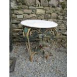 Marble Topped Iron Side Table with Floral Motif Decoration on Shaped Base 27 Inches Wide x 30 Inches