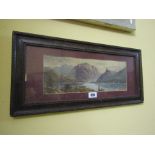 Victorian School Lake and Mountain Scene with Figures Watercolour Signed 7 Inches High x 20 Inches