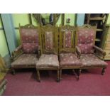 Set of Six Carved Oak Dining Chairs with Tapestry Upholstered Decoration to Include Two Carvers