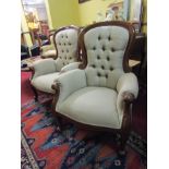 Pair of Mahogany Framed Button Back Deep Button Upholstered Armchairs on Cabriole Supports