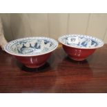 Pair of Oriental Neat Form Dishes Depicting Figures Each 5 Inches Diameter Approximately