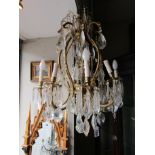 Antique Cast Brass Chandelier with Shaped Branches and Tear Drop Droplets 22 Inches High