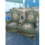 Pair of Giltwood Armchairs on Carved Supports and with Further Carved Detailing