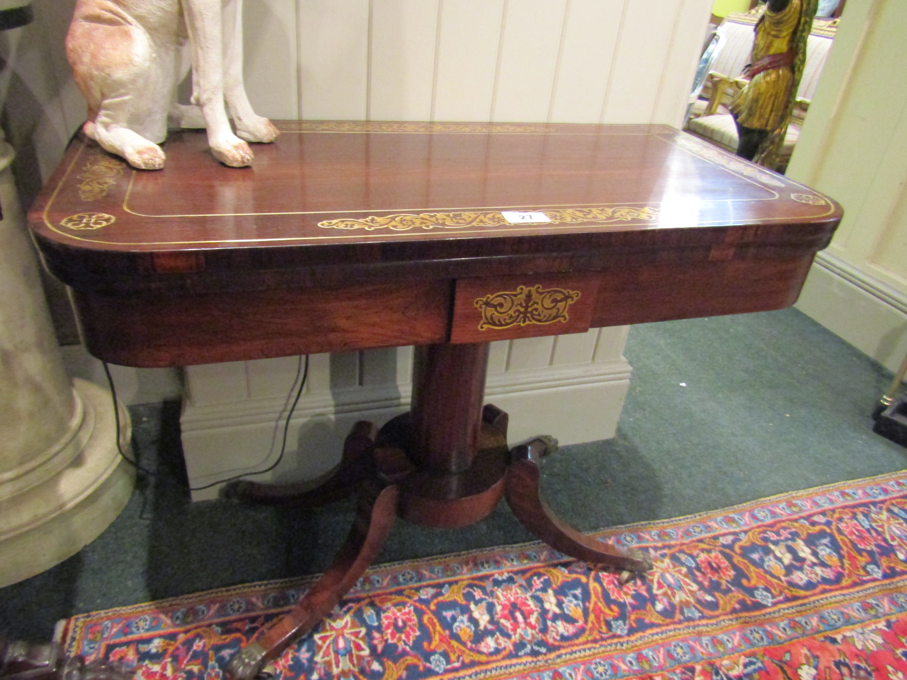 William IV Fold Over Games Table with Brass Inlaid Decoration above Column Support 36 Inches Wide