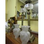 Pair Edwardian Oil Lamps on Brass and Marble Plinth with Accompanying Shades