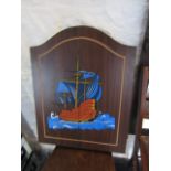 Folding Dart Board Cover Painted with Ships Motif to Exterior Approximately 24 Inches High