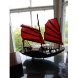 Model of Oriental Boat with Mast 24 Inches Wide Approximately