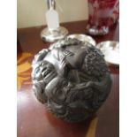 Chinese Carved Hardwood Ball Decorated with Various Figures Approximately 4 Inches Diameter