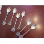 Set of Six Solid Silver Antique Tea Spoons Emblematic Decorations