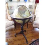 Brass Railed and Mounted Globe with Engraved Decoration Mounted on Mahogany Frame with Tripod