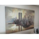 Large Oil on Canvas Depicting Manhattan Approximately 3ft 6 Inches x 4ft 6 Inches Wide Signed