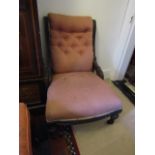 Victorian Mahogany Framed Ladies Chair with Deep Button Upholstery above Turned Supports